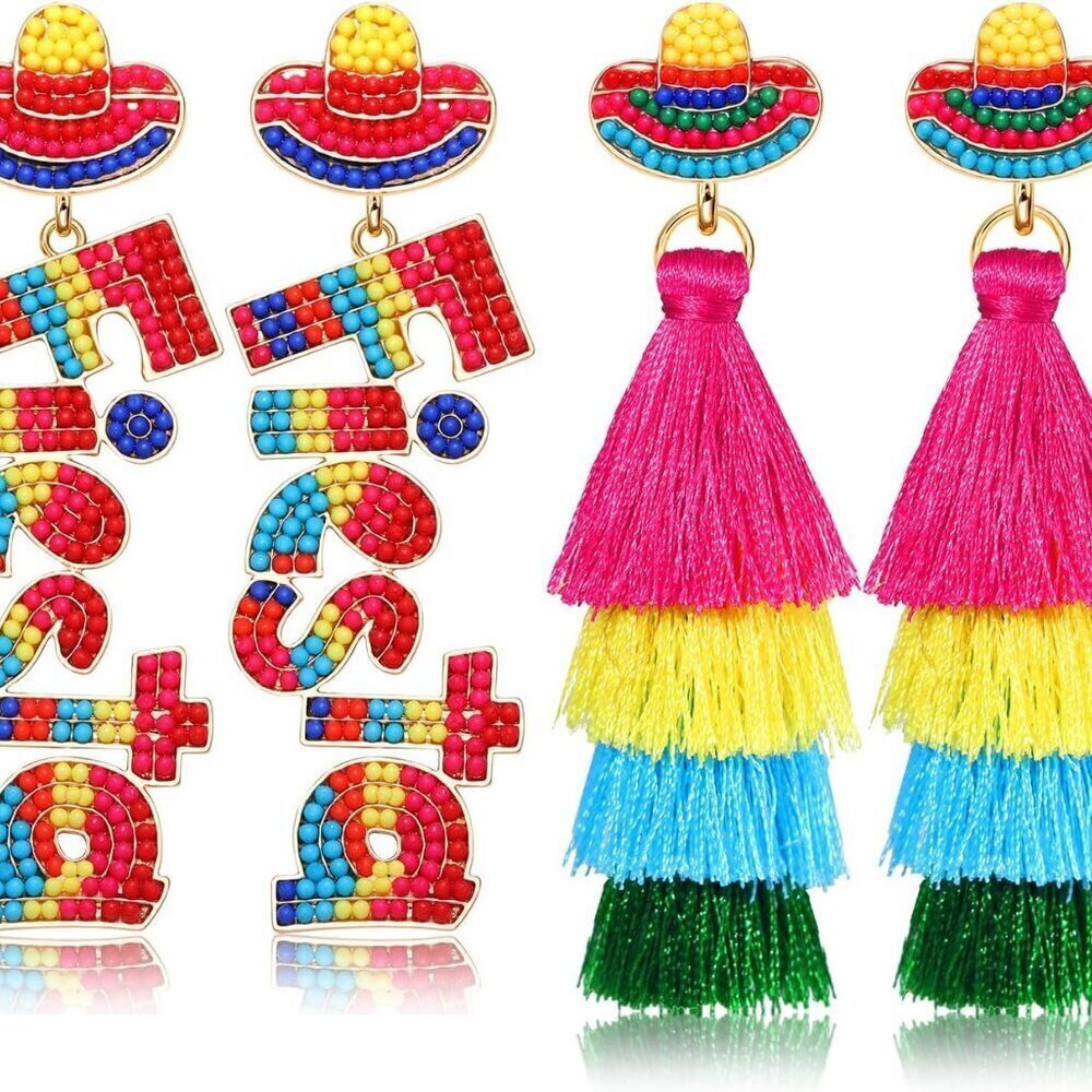 Mexican Fiesta Earrings Beads Alloy Rhinestone Felt Dangle Seasonal Accessory